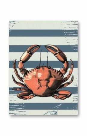 Vintage crab illustration on nautical stripes poster print