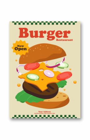 Burger restaurant template poster design background. Hamburger ingredient separated into layer vintage retro style