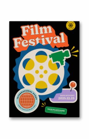 Movie festival poster template vintage film sticker icon minimal style on black background