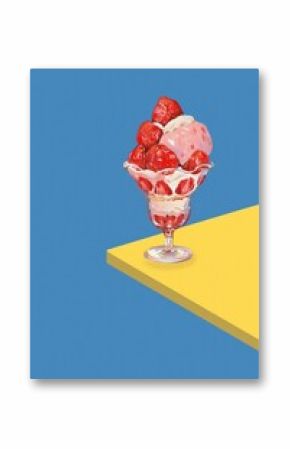 Wall art, illustration of strawberry ice cream on a yellow dining table on a blue background. Vintage background, noise, poster print, wall art, texture, hand drawn.