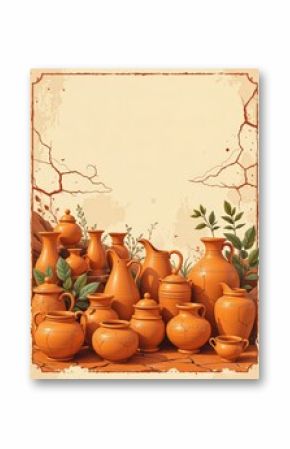Old world pottery market in a vintage poster style, with terracotta orange and faded cream tones