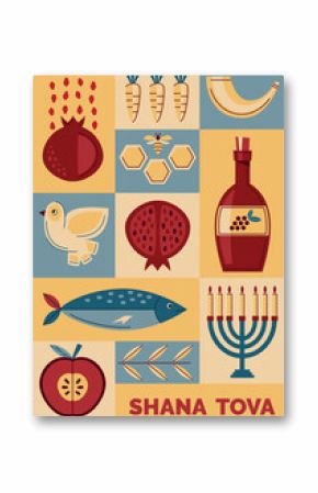 Shana Tova, colorful geometric design. Rosh Hashanah poster in retro style with pomegranate, apple, honey, fish, wine, shofar. Vector template bright symbols of celebration and renewal