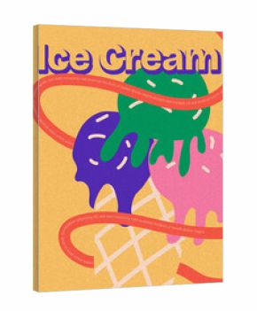 Fun retro poster with 3 scoops of ice cream. Funky dynamic vintage poster for desserts