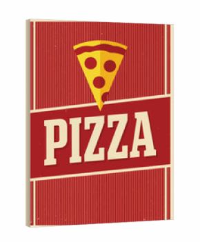 Vintage illustration of a pizza slice above bold typography on a red and yellow striped background, perfect for restaurant menus, Italian food branding, or retro-style advertisements