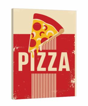 Vintage illustration of a pizza slice above bold typography on a red and yellow striped background, perfect for restaurant menus, Italian food branding, or retro-style advertisements