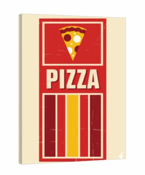Vintage illustration of a pizza slice above bold typography on a red and yellow striped background, perfect for restaurant menus, Italian food branding, or retro-style advertisements