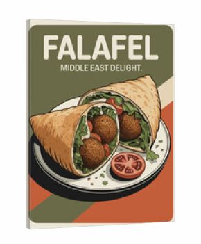 Retro food poster featuring a pita filled with falafel balls, lettuce, tomato, and sauce. Art deco layout with “FALAFEL” and “MIDDLE EAST DELIGHT” in olive green, beige, and rust tones.