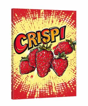 Pop art illustration with bright red strawberries and the word “CRISPI.” A burst of color and energy in retro comic style emphasizing freshness and flavor