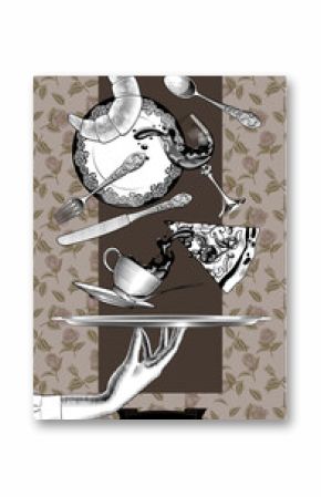 Black and white engravings of a woman's hand holding a round tray, flying coffee cup, wine glass, plate, pizza, croissant, spoon, fork and knife on a  vintage floral background. Vector illustration