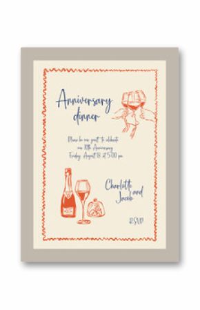 Elegant anniversary dinner menu template. Food and beverage doodles. Matisse style illustrations.
