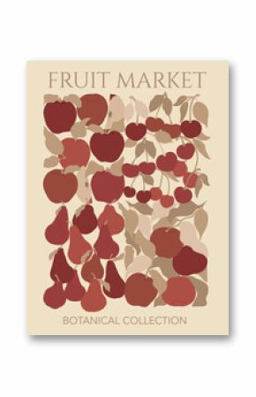 Abstract fruits poster with pears, apples and cherries design. Vintage 70s style groovy vector illustration.