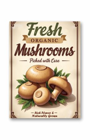 A retro-style poster advertising fresh, organic mushrooms, featuring a bundle of plump, earthy mushrooms like button or shiitake, displayed with natural detail and texture