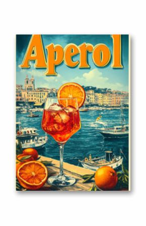 Vintage Aperol Poster: A Mediterranean Escape. Classic Aperol Advertisement with Italian Vibes. Retro Citrus Cocktail Art by the Sea. Aperol Harbor Illustration: Sunset Refreshment