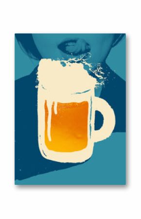 Creative pop art illustration. Beer mug with foam and cropped female face with tongue sticking out against blue background. Concept of beer, party, celebration, festival, enjoyment
