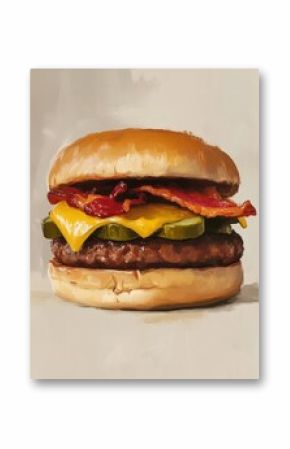 Retro-Style Bacon Cheeseburger Illustration with Vintage Color Palette – Nostalgic Fast Food Poster Art for Lifestyle Magazines, Cafes and Branding Campaigns