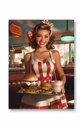 A 1950s pin-up style poster featuring a smiling woman in a retro diner waitress outfit