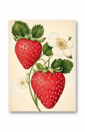 Illustration of a strawberry plant with flowers and ripe fruits in a decorative composition, retro botany vintage poster.