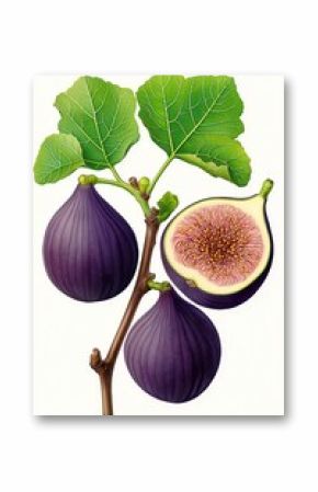 Illustration, fig fruits and flowers, and leaves of ripe fruits in a section in a decorative composition, retro botany vintage poster.
