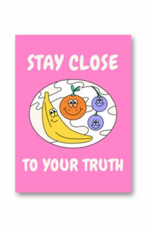 Cartoon retro poster illustration banana, orange, grape fruit with massage