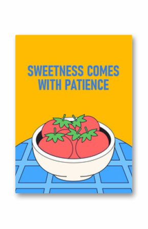 Cartoon retro poster illustration Patience and Growth with a Bowl of Tomatoes