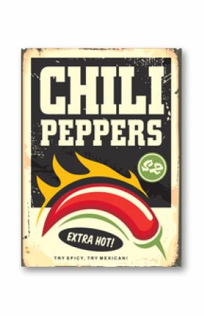 Chili peppers retro style poster design template. Vintage advertising sign with hot and spicy chili pepper. Mexican food vector illustration.
