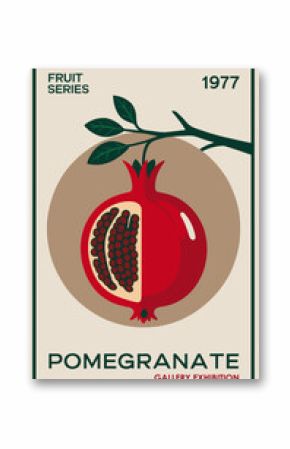 Fruit market retro poster with pomegranate fruit. Kitchen wall art. Colorful vector illustration