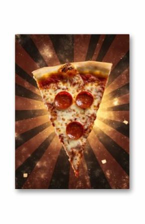 Vintage poster design of hot pizza slice, retro fast food theme