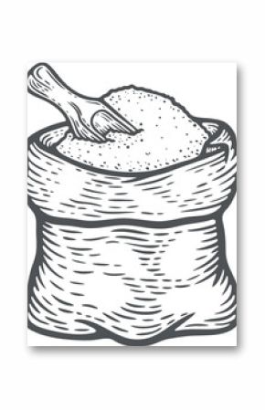 Sack with whole flour or sugar with scoop bakery shop burlap bag grains engraving hand drawn illustration black white isolated vintage line art sketch silhouette graphic style poster label web