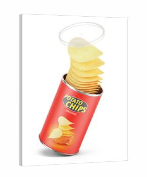 Open cardboard cylinder box can with potato chips isolated on white. Cips can tube. 3d rendering