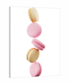 Closeup Macarons dessert food cake flying on white background . 3D Rendering. PNG files