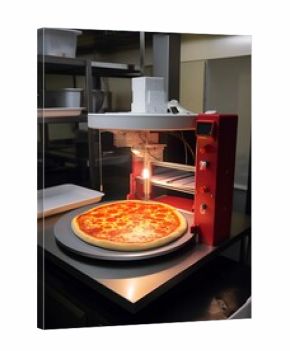 3D printer prints pizza. Cooking device of future for making food. Home future technology. Realistic composition with process 3d printing of pizza imitation. Generative AI
