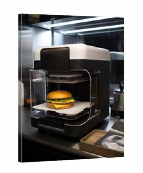 3D printer prints meat burger. Cooking device of future for making food. Home future technology. Realistic composition with process 3d printing of burger imitation. Generative AI