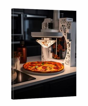 3D printer prints pizza. Cooking device of future for making food. Home future technology. Realistic composition with process 3d printing of pizza imitation. Artificial intelligence generated