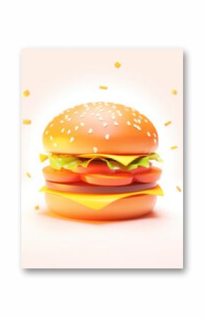 3d icon of a delicious hamburger on a light color background. Appetizing burger with meat, cheese, cabbage, tomato and ruddy sesame buns. Generative AI 3d render illustration imitation.