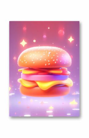 Ui 3d icon of a delicious hamburger on a light background with stars. Appetizing burger with meat, cheese, cabbage, tomato and ruddy sesame buns. Generative AI 3d render illustration imitation.