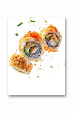 Food photo of Philadelphia Rolls falling flying in the air isolated on white transparent background, angle side view, ultra realistic, PNG