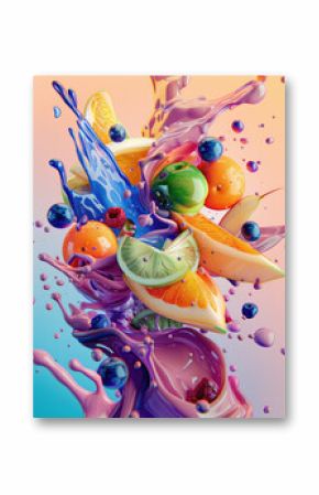 Surreal 3D Juice Concept Fruits, Flowing Energy, Vibrant Wellness Illustration