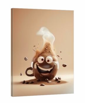 Adorable java joy: 3d cute cartoon happy coffee bean character with steam - bringing a smile with a delightful of a cheerful coffee bean, emanating steam from a brimming cup