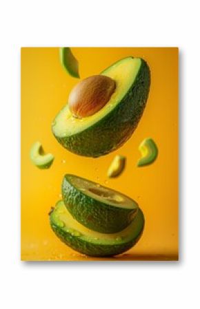 This image captures avocado halves in motion with a dramatic splash, against a saturated orange background