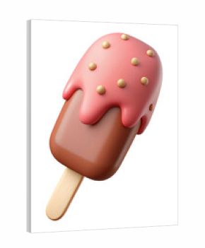 Hojicha ice cream bar with strawberry glaze and nuts on a wooden stick. 3D dessert. Food and culinary concept for design and print.