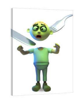 Unfortunate Halloween zombie monster has his head removed by a knife and fork, 3d illustration