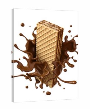 crispy wafer with chocolate Splash, with Clipping path 3d illustration.
