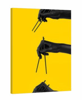Set of Black hand using chopsticks isolated on yellow, sushi food at Japanese restaurant menu concept 3d illustration.
