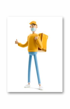 Safe delivery concept. 3d illustration. Cartoon character. Delivery guy in medical mask and yellow uniform stands with the big bag.