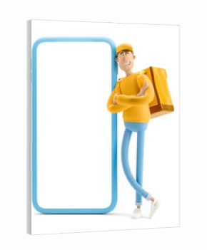 Online delivery concept. 3d illustration. Cartoon character. Delivery guy in yellow uniform stands with the big bag and big phone. 