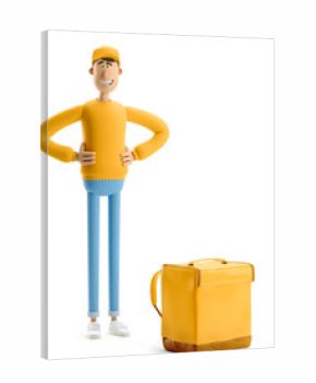 Safe delivery concept. 3d illustration. Cartoon character. Delivery guy in yellow uniform stands with the big bag.