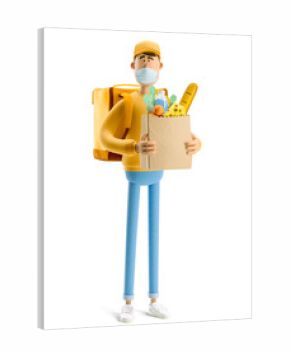 Safe delivery concept. 3d illustration. Cartoon character. Delivery guy with grocery bag in medical mask and yellow uniform stands with the big bag.