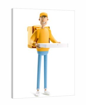 3d illustration. Cartoon character. Delivery guy with pizza in yellow uniform stands with the big bag.