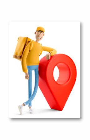 3d illustration. Cartoon character. Delivery guy in yellow uniform stands with the big bag and a red pin.