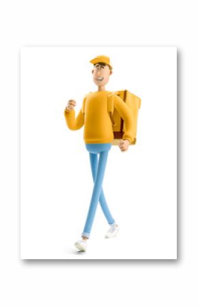 Express delivery concept. 3d illustration. Cartoon character. Delivery underway guy is running to take a rush order in yellow uniform stands with the big bag. 